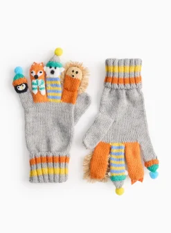 Animal Grey Knitted Finger Puppet Gloves 6-9 years