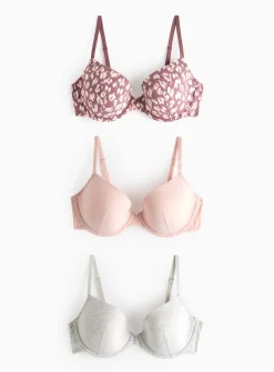 Animal Print & Plain Padded T-Shirt Bra 3 Pack 36DD