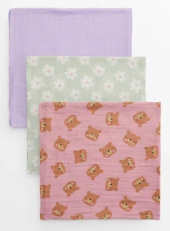 Bear & Floral Print Muslin Cloths 3 Pack One Size
