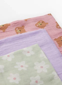Bear & Floral Print Muslin Cloths 3 Pack One Size