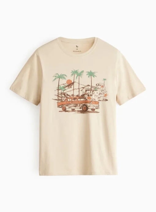 Beige Car Graphic Crew T-Shirt M