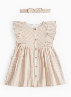 Beige Stripe Frill Dress & Bow Headband Set 3-6 months