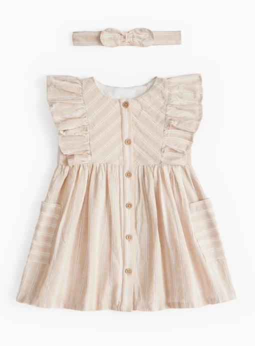 Beige Stripe Frill Dress & Bow Headband Set 3-6 months
