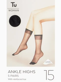 Black 15 Denier Ankle Tights 5 Pack One Size