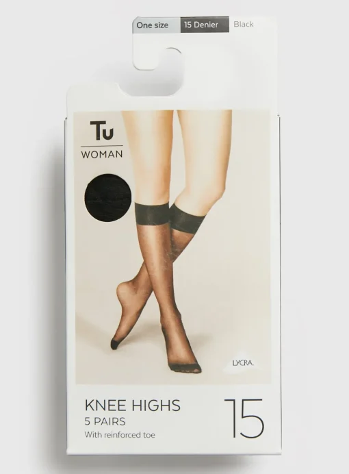 Black 15 Denier Knee High Tights 5 Pack One Size