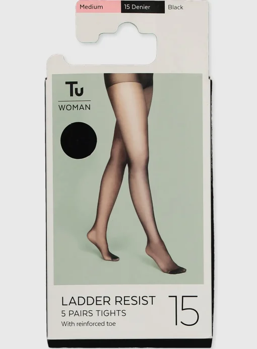 Black 15 Denier Ladder Resistant Tights 5 Pack M