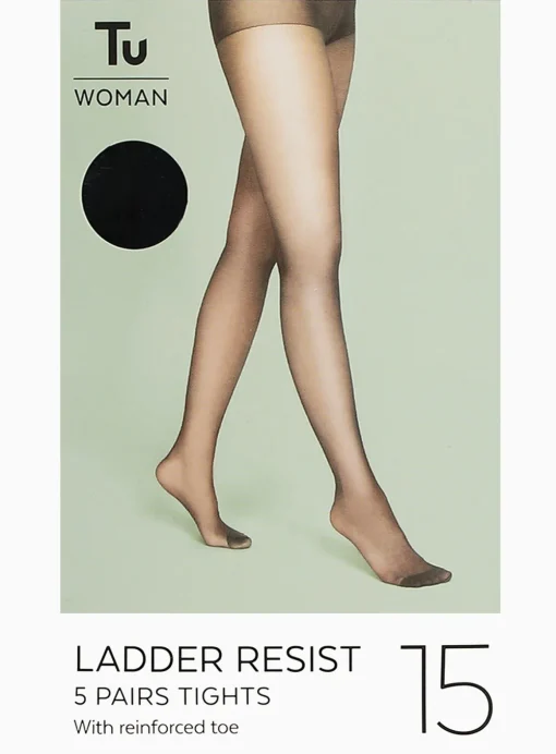 Black 15 Denier Ladder Resistant Tights 5 Pack M