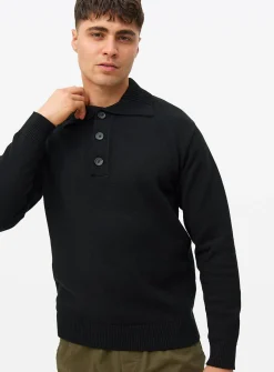 Black Button Neck Collared Knitted Jumper L