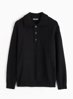 Black Button Neck Collared Knitted Jumper L