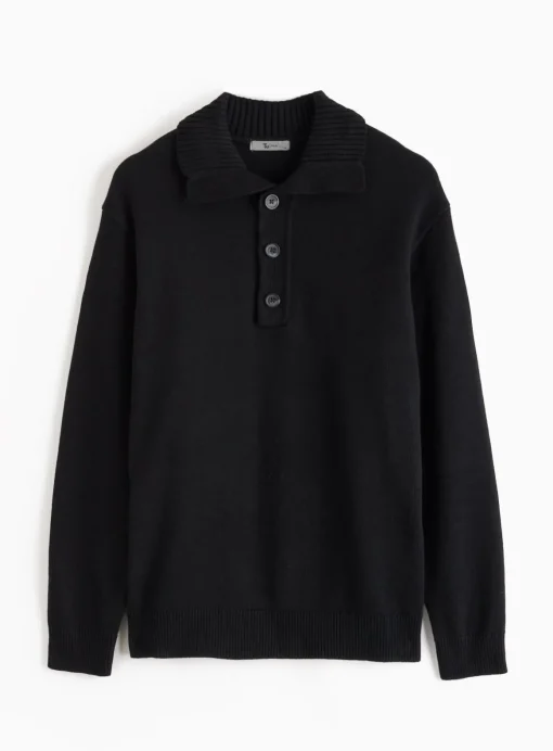 Black Button Neck Collared Knitted Jumper L