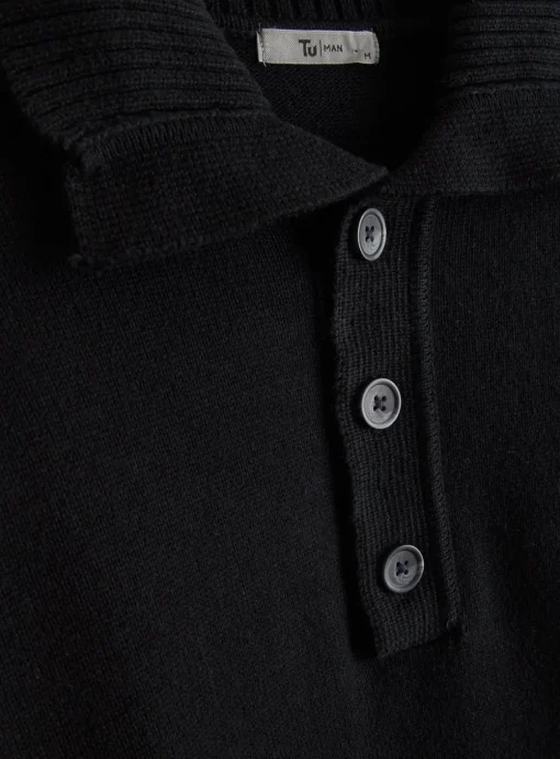 Black Button Neck Collared Knitted Jumper L