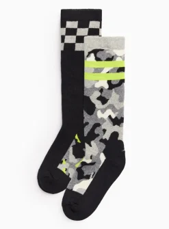 Black Chequered & Camo Welly Socks 2 Pack 6-8.5