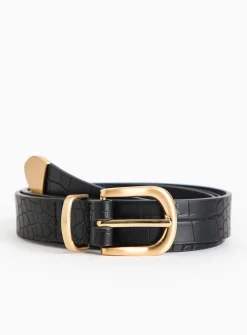 Black Croc Faux Leather Metal Buckle Belt L