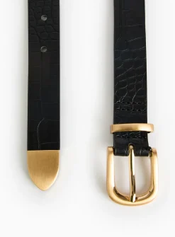 Black Croc Faux Leather Metal Buckle Belt L