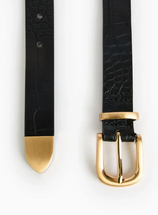 Black Croc Faux Leather Metal Buckle Belt L