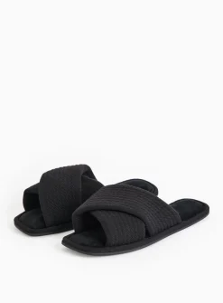 Black Cross-Over Waffle Mule Slippers M