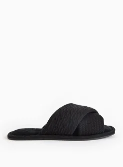 Black Cross-Over Waffle Mule Slippers M