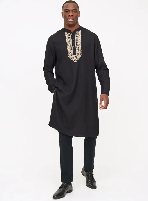 Black Embroidered Linen Blend Kurta S