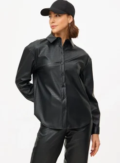 Black Faux Leather Croc Detail Long Sleeve Shirt 12