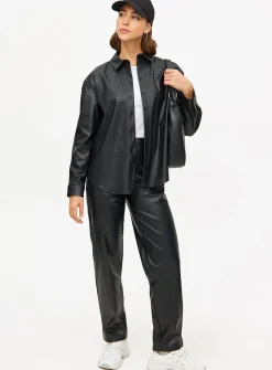 Black Faux Leather Croc Detail Long Sleeve Shirt 12