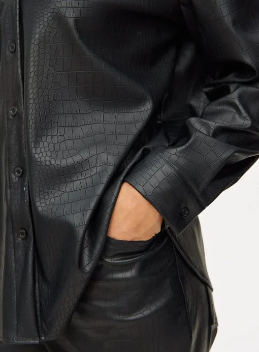 Black Faux Leather Croc Detail Long Sleeve Shirt 12