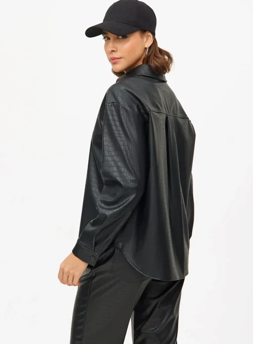 Black Faux Leather Croc Detail Long Sleeve Shirt 12