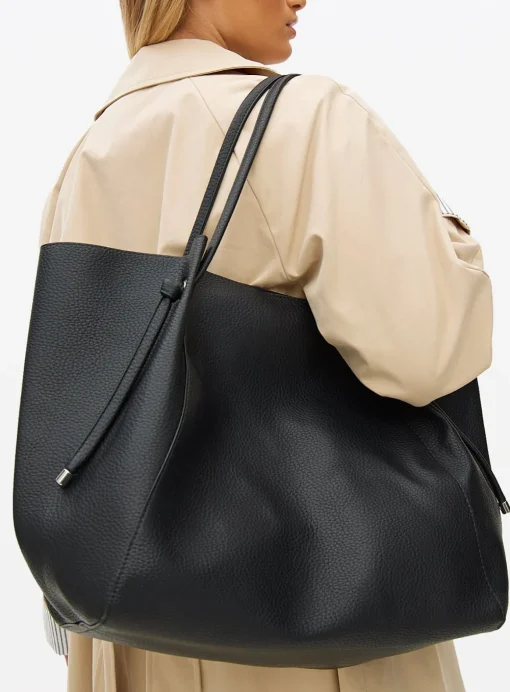 Black Faux Leather Pleat Shopper Bag One Size