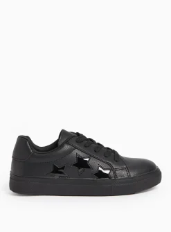 Black Faux leather Star Detail School Trainers 7 Infant