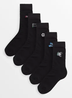 Black Football Embroidered Ankle Socks 5 Pack 6-8.5