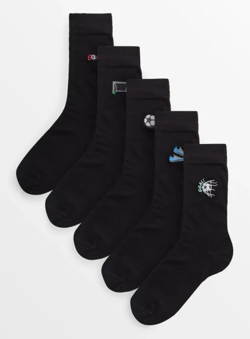 Black Football Embroidered Ankle Socks 5 Pack 6-8.5
