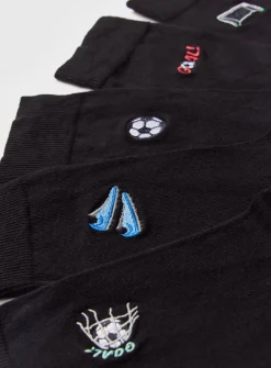 Black Football Embroidered Ankle Socks 5 Pack 6-8.5