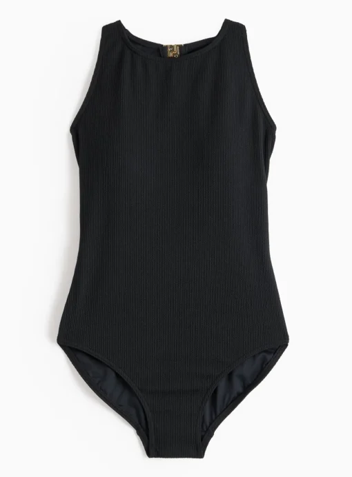 Black High Neck Textured Swimsuit 16