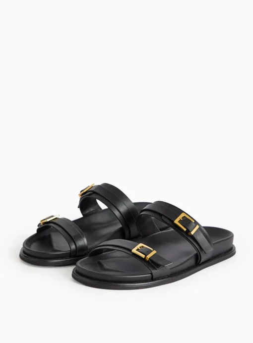 Black Leather Twin Buckle Sandals 6