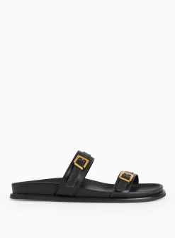 Black Leather Twin Buckle Sandals 6