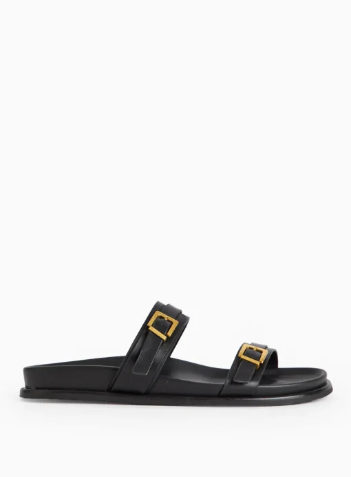 Black Leather Twin Buckle Sandals 6