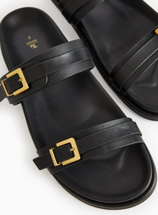 Black Leather Twin Buckle Sandals 6