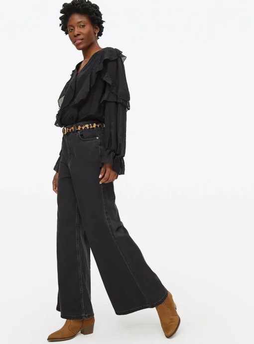 Black Rinse Flared Palazzo Denim Jeans 22S