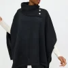 Black Roll Neck Statement Button Detail Cape One Size