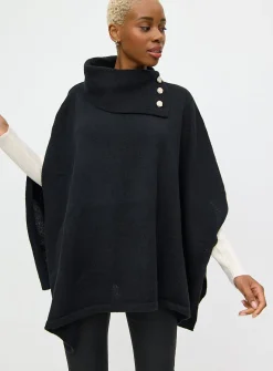 Black Roll Neck Statement Button Detail Cape One Size