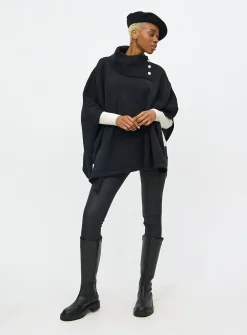 Black Roll Neck Statement Button Detail Cape One Size