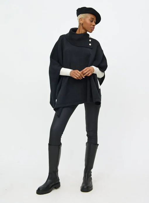 Black Roll Neck Statement Button Detail Cape One Size
