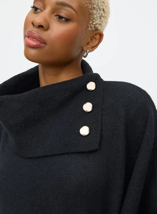 Black Roll Neck Statement Button Detail Cape One Size