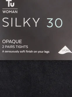 Black Silky 30 Denier Opaque Tights 2 Pack M