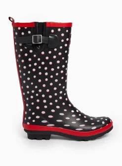 Black Spot Print Long Length Rubber Wellies 6