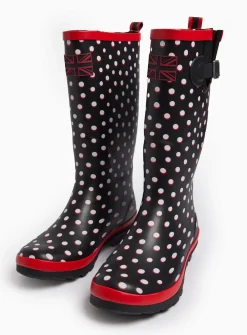 Black Spot Print Long Length Rubber Wellies 6