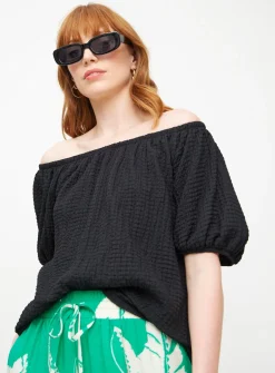 Black Textured Half Sleeve Bardot Top 10