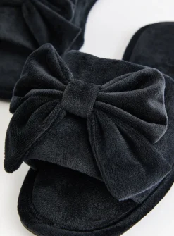 Black Velour Open Toe Slippers S