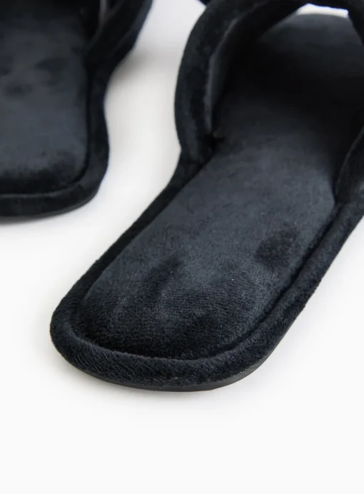 Black Velour Open Toe Slippers S