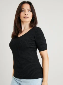 Black V-Neck & Back Ribbed T-shirt 24