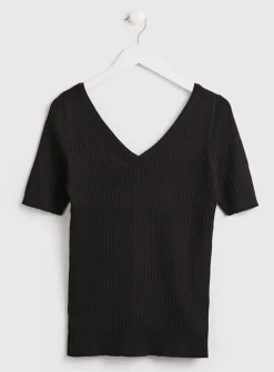 Black V-Neck & Back Ribbed T-shirt 24